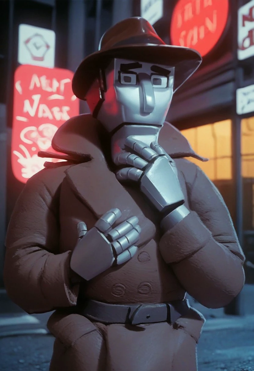 score_9_up, score_8_up, score_7_up, score_6_up, dick_spanner, 1boy, solo, robot, brown fedora, brown trench coat, belt, hand on chin, on a city street, night, neon signs, (painted art)