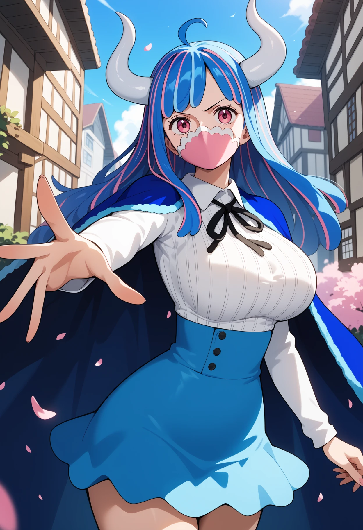 score_9, score_8_up, score_7_up, score_6_up, score_5_up, score_4_up, source_anime, aaulti, long hair, multicolored hair, blue hair, ahoge, horns, pink eyes, mouth mask, pink mask, large breasts, blue cape, neck ribbon, ribbed shirt, white shirt, long sleeves, high-waist skirt, blue skirt, <lora:ulti_(one_piece)_ponyxl_v1:0.9>, standing, cowboy shot, smile, outdoors, reaching, petals,