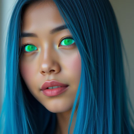 Photographic portrait of a beautiful asian woman with green tinted eyes eyes, green sclera, long straight blue hair.