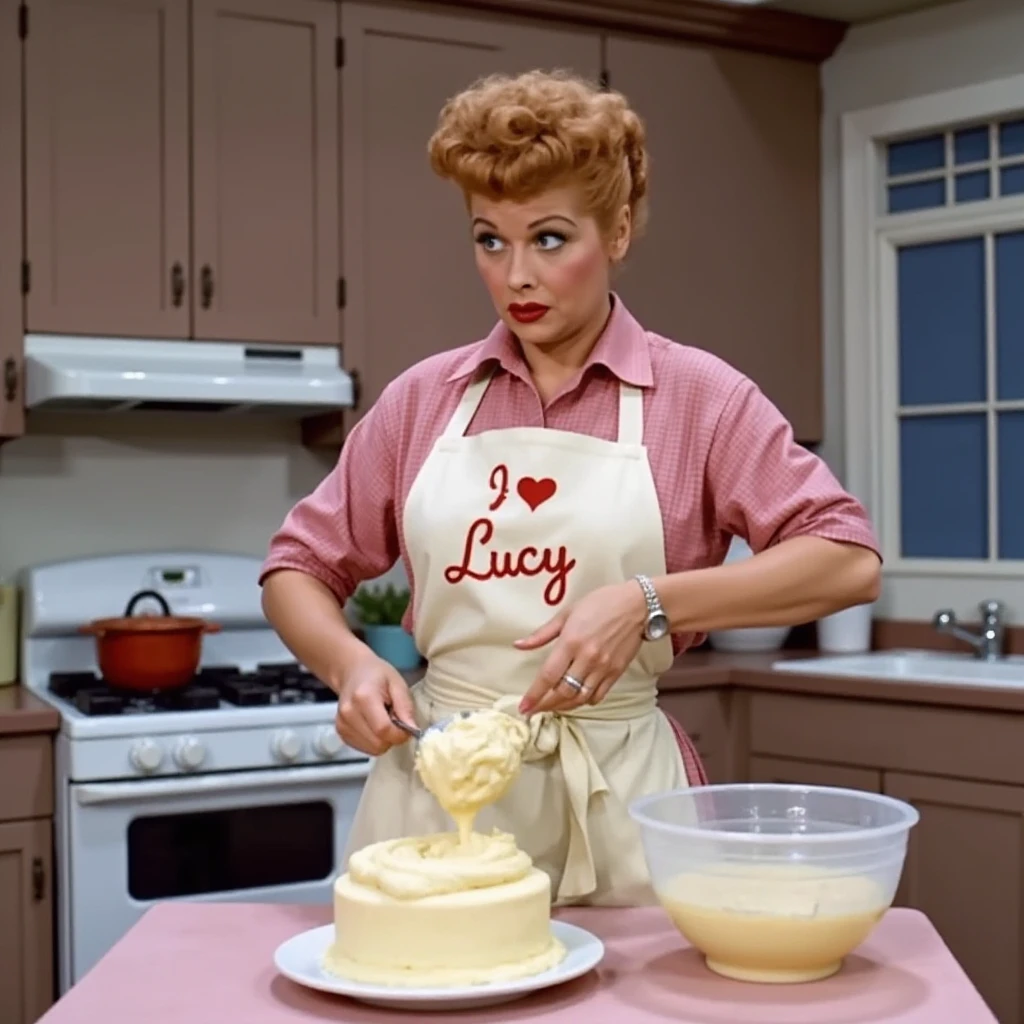 a realistic color photo of 1LuvLucy who is mixing up cake batter in a 50's style kitchen, wearing an apron that says "I Love Lucy" on it. 