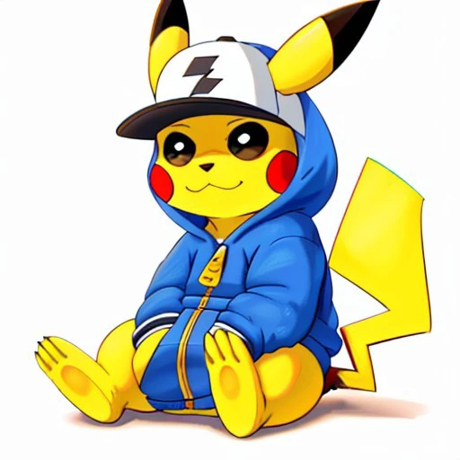 feral, cute, hiphopstyle pikachu, wearing a hoodie and hat, sitting down