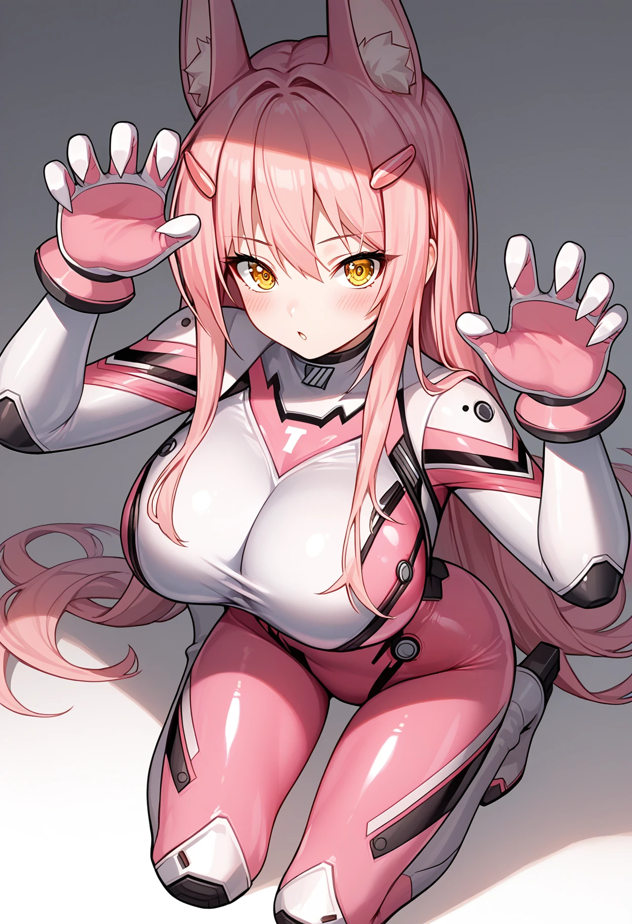 score_9, score_8_up, score_7_up, source_anime,
BREAK
1girl, solo, <lora:shiLeoV1:0.8>, leosuit, pink hair, long hair, large breasts, animal ears, yellow eyes, 
hair ornament, hairclip, 
skin tight, white bodysuit, pink bodysuit, gloves, 
high heel boots, claw pose, > <,
looking at viewer, blush,