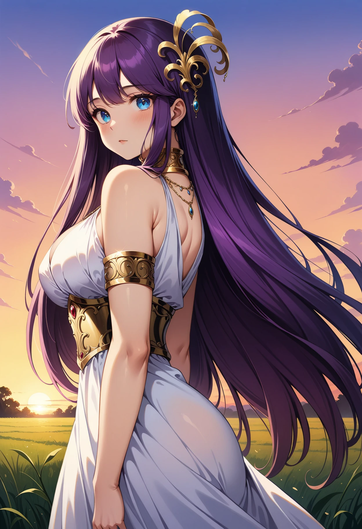 (masterpiece, best quality, very aesthetic, ultra detailed), intricate details, 4k, aasaori, long hair, purple hair, hair ornament, blue eyes, breasts, gold choker, bare shoulders, necklace, cleavage, long dress, white dress, sleeveless, armlet, armored corset, <lora:kido_saori_animagine_v1:0.9>, from side, standing, cowboy shot, sunset, field,