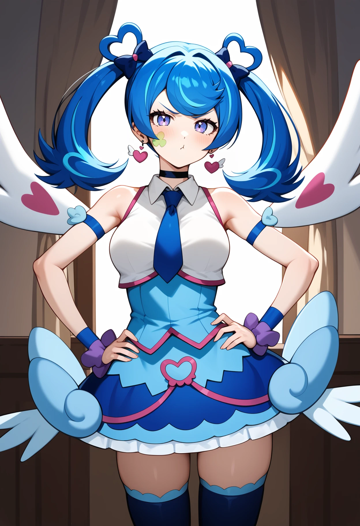 score_9, score_8_up, score_7_up, score_6_up, score_5_up, score_4_up, source_anime, bbangel, blue hair, streaked hair, twintails, hair bow, earrings, facial mark, wings, breasts, choker, bare shoulders, blue necktie, collared shirt, white shirt, dress, sleeveless, arm strap, wrist cuffs, blue skirt, blue thighhighs, <lora:zaizen_aoi_ponyxl_v1:0.9>, room, standing, cowboy shot, hands on own hips, pout,