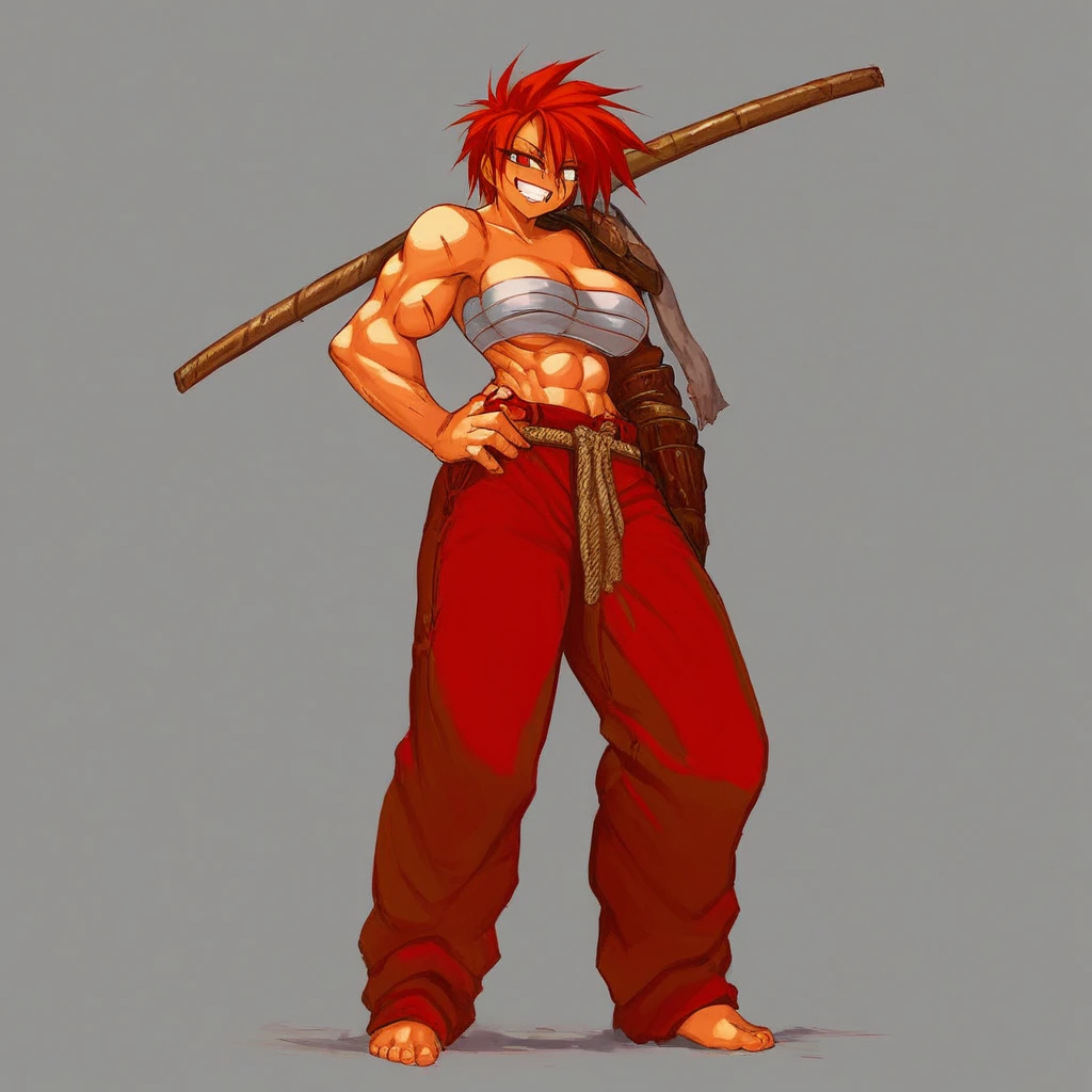 Score_9, score_8_up, score_7_up, score_6_up, score_5_up, score_4_up, AzumiHojo, Red hair, red eyes, scars on face, bandages around breasts, bandages around waist, red baggy pants, belt rope, barefoot, wooden sword, Muscular female, large breasts, dark skinned, lidded eyes, grin, bokko, standing, on shoulder, weapon on shoulder, hand on hip