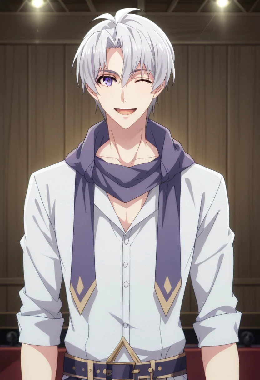 score_9, score_8_up, score_7_up, source_anime, highly detailed, 
sogosaka, 1boy, male focus, bracelet, jewelry, purple eyes, grey hair, upper body, scarf, belt, looking at viewer, idol uniform, smile, wink, open mouth
indoor, stage,