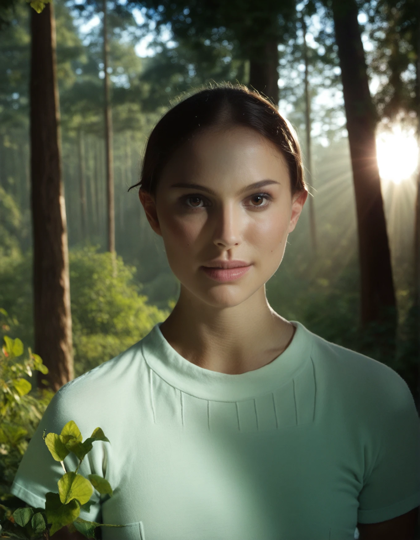 score_9, score_8_up, score_7_up,high resolution,photo,realistic,realistic skin,raw,p4dm, portrait, woman,shirt,hair bun,1girl,female,pov,looking at viewer,front view,volumetric lighting,rim lighting,dof,dramatic shadow,forest,close-up,sunlight