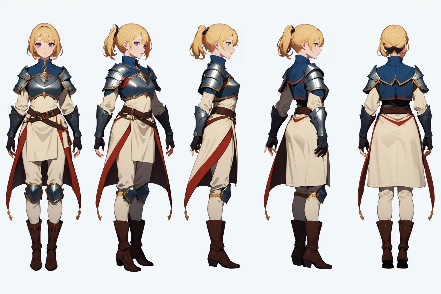 highres, masterpiece,
multi-view, turnaround, model sheet,  character design,
white background, simple background,
full body character turnaround of 1girl, Multiple views of the same character in the same outfit,
medieval, fantasy,
female warrior, medieval armor, chest plate, detailed outfit, metallic chest plate, pauldrons, arm guards, knee pads, white and purple tunic, beige pants, black boots, short blonde hair, ponytails, adventure genre, clothed in layers, cloth and metal attire, armored gloves, 
<lora:CharTurnRetag_v4:0.1>
<lora:Witcher3turn_v1:0.1>
<lora:Medieval2turn_v1:0.6>
<lora:bg3Turn_v1:0.1>