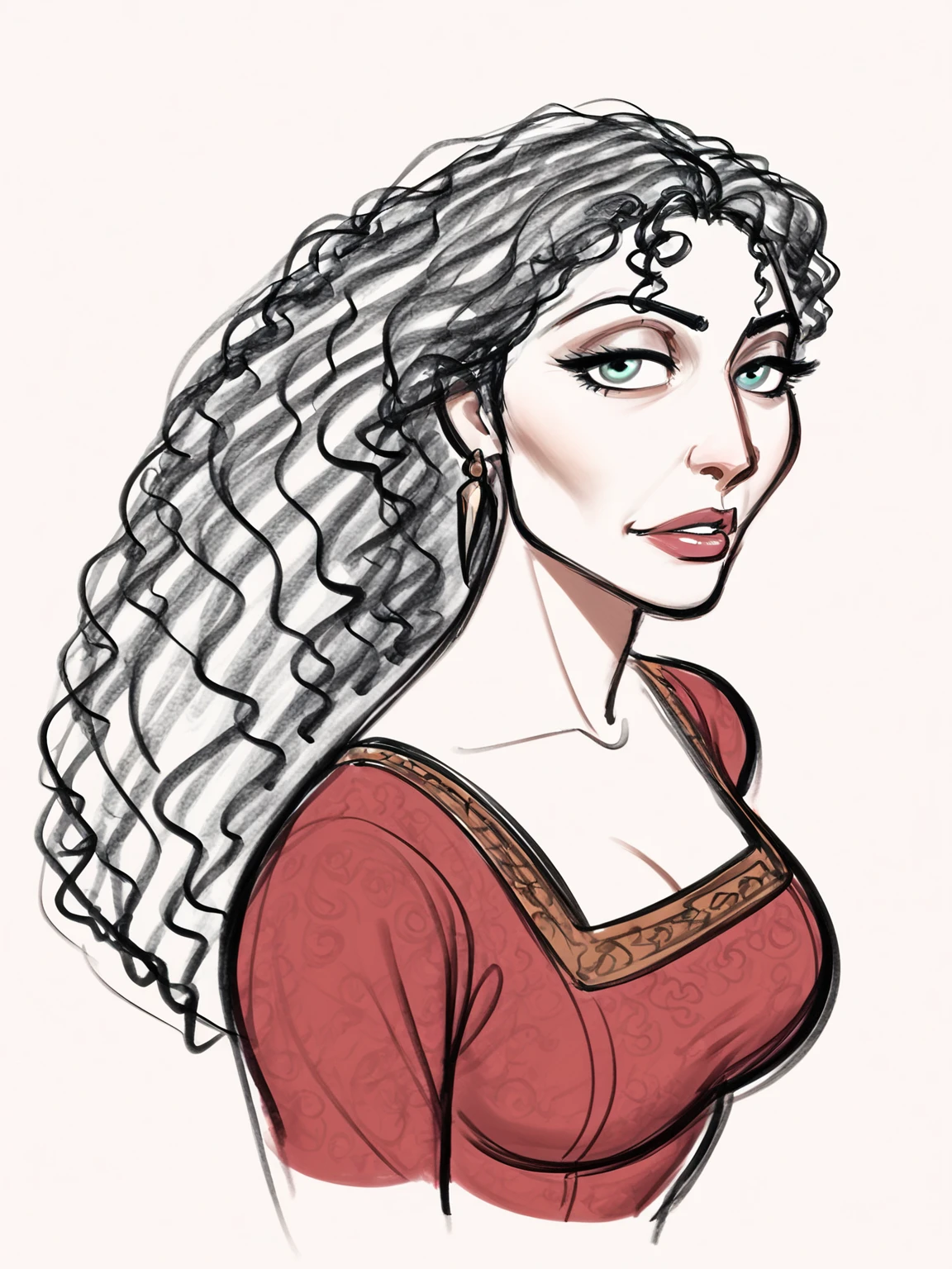 score_9, score_8, SFW, drawing sketch, mothergothel <lora:Tangled_MotherGothel_ponyXL_Xtroat:0.8>  mature woman, long black curly hair, jewelry, earrings, red dress, breasts, wonderful light, intricate medieval scenery