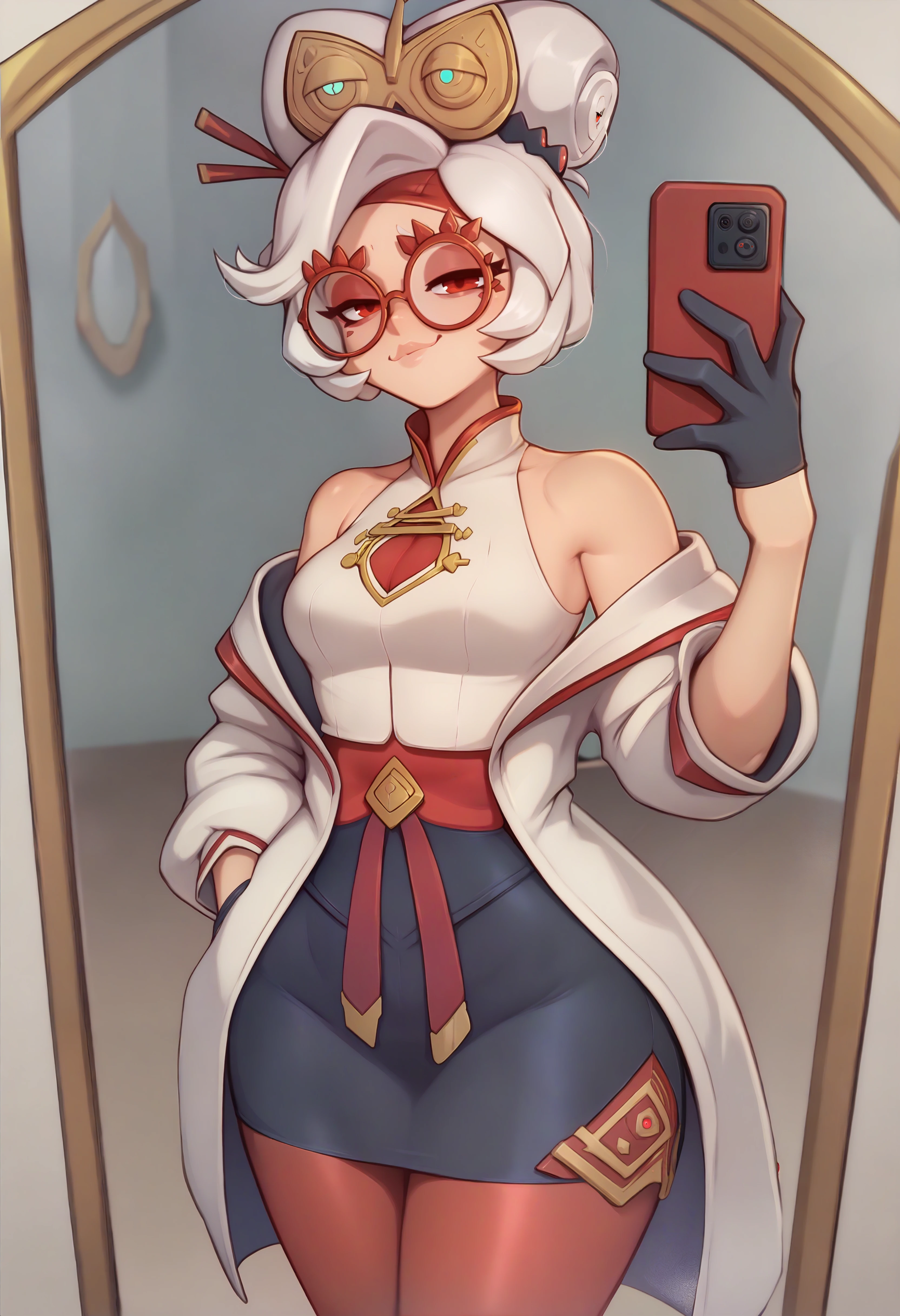 score_9, score_7_up BREAK mirror selfie,phone,solo,cowboy shot,purah, white hair, red eyes,hair ornament, red headband, red glasses, sleeveless shirt, white coat, black skirt, red leggings, gloves,smug,cocked hip,wide hips <lora:mixp_pd_glora:1> <lora:purah-pdxl-nvwls-v1:0.8>