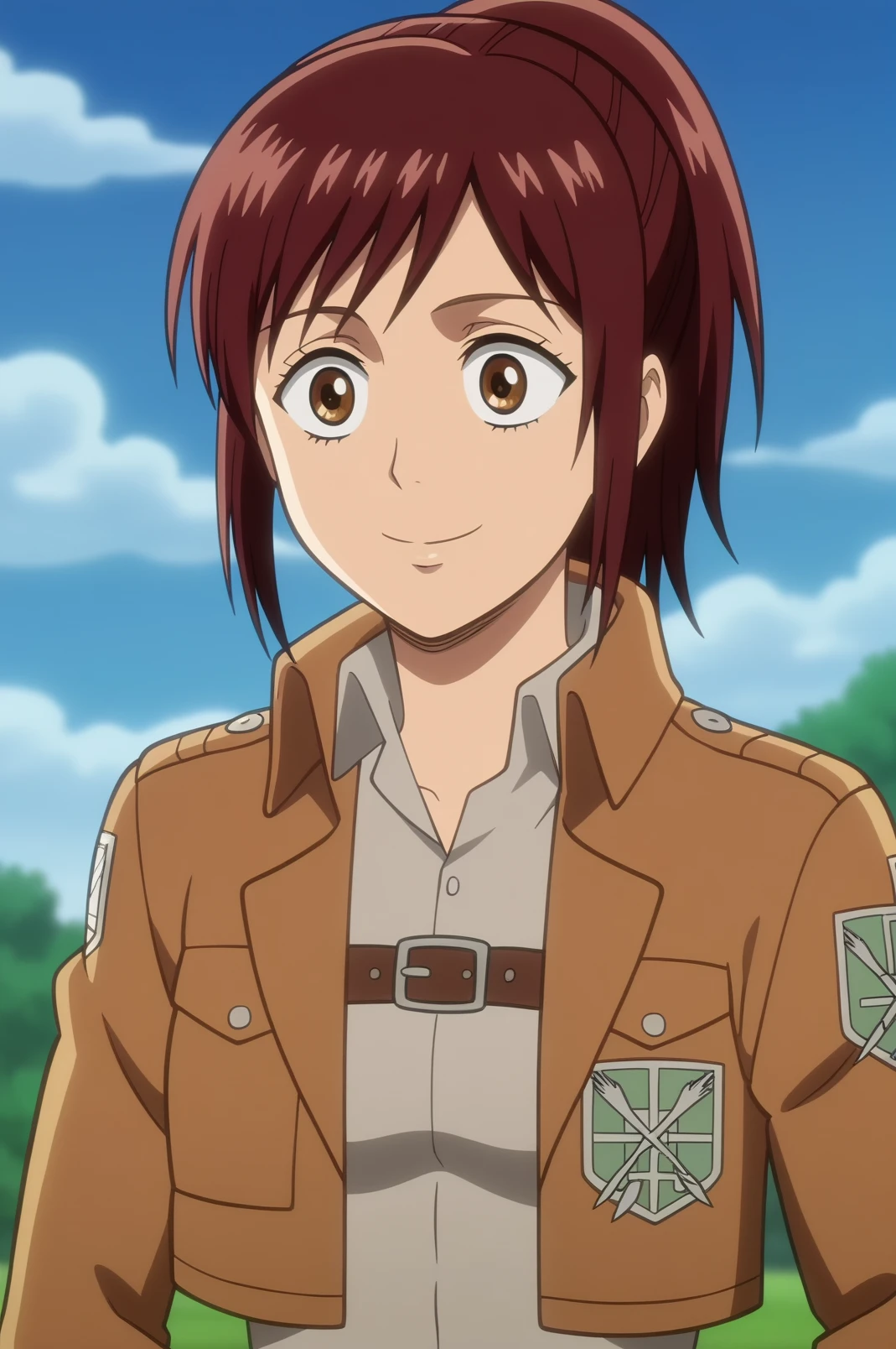 sasha braus,anime screencap,1girl,solo,cloud,sky,paradis military uniform,ponytail,jacket,emblem,survey corps (emblem),outdoors,smiling,anime coloring <lora:Sasha - PDXL2.safetensors:0.8>