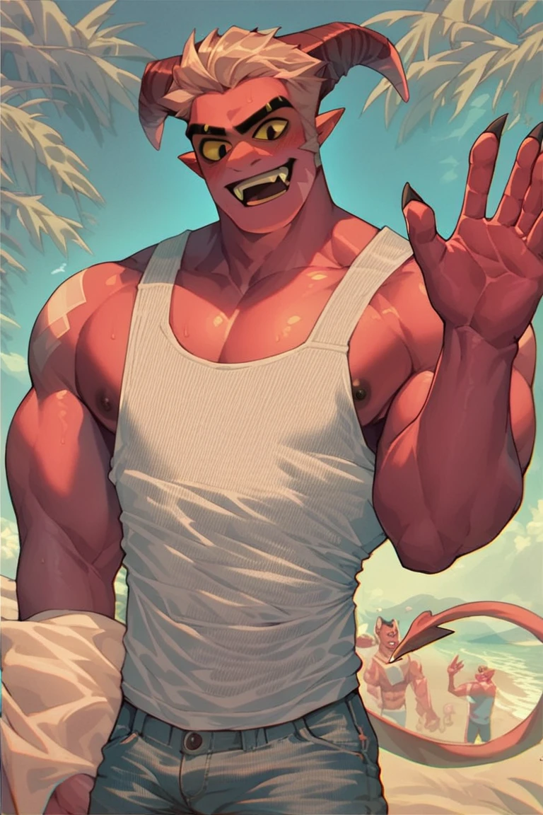 score_9, score_8_up, score_7_up, score_6_up, source_anime, solo, digital art, Jesse, demon, imp, red skin, muscular male, bright sky, bright colors sunny sand beach, hot summer day, detailed background, wearing a tropic shirt, waving hand, happy