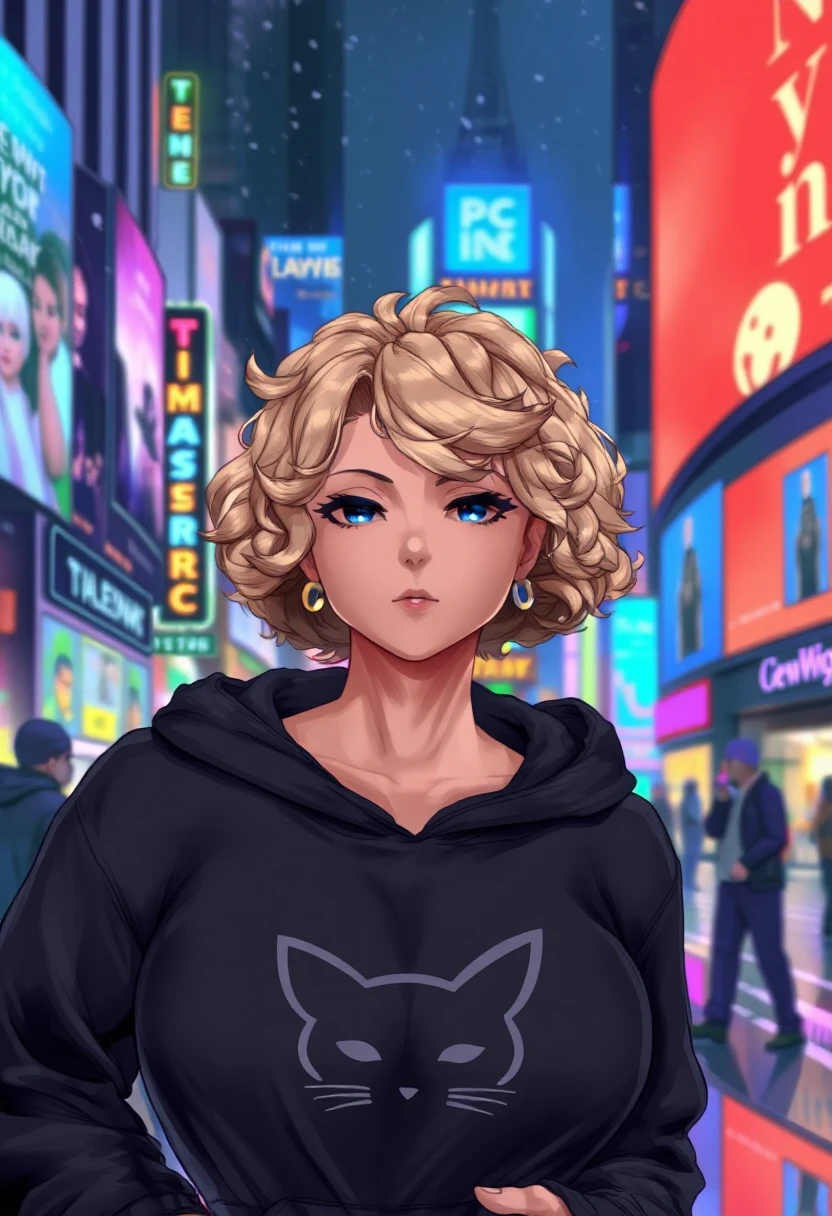 Pro \(Cutesexyrobutts\),1 woman with short blonde curly hair, black hoodie with a minimalistic cat design on the front, wearing with eyeliner, background is a street view of Newyork times square at night, neon signs in the background, it is snowing, <lora:Cutesexyrobutts-Flux1_epoch_5:1>