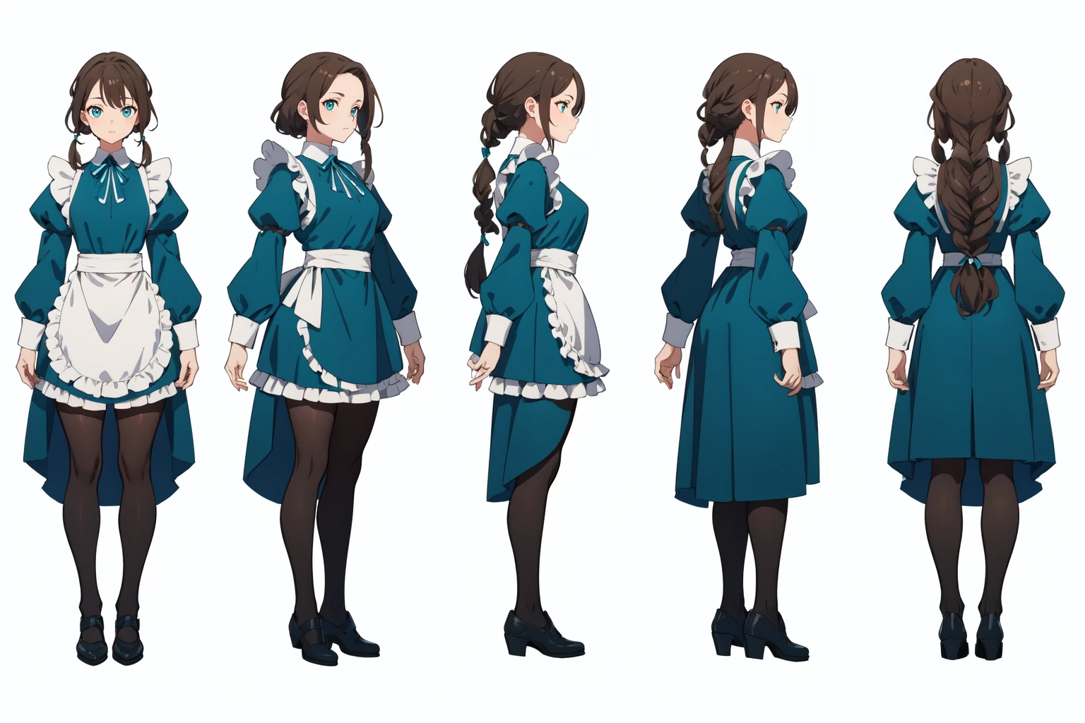 highres, masterpiece,
multi-view, turnaround, model sheet,  character design,
white background, simple background,
full body character turnaround of 1girl, Multiple views of the same character in the same outfit,
medieval,
female character, teal dress, maid outfit, frilled apron, black tights, dark shoes, long brown hair, braided hairstyle, white cuffs, blue ribbon, elegant attire, layered skirt, long sleeves,
<lora:CharTurnRetag_v4:0.1>
<lora:Witcher3turn_v1:0.1>
<lora:Medieval2turn_v1:0.6>
<lora:bg3Turn_v1:0.1>