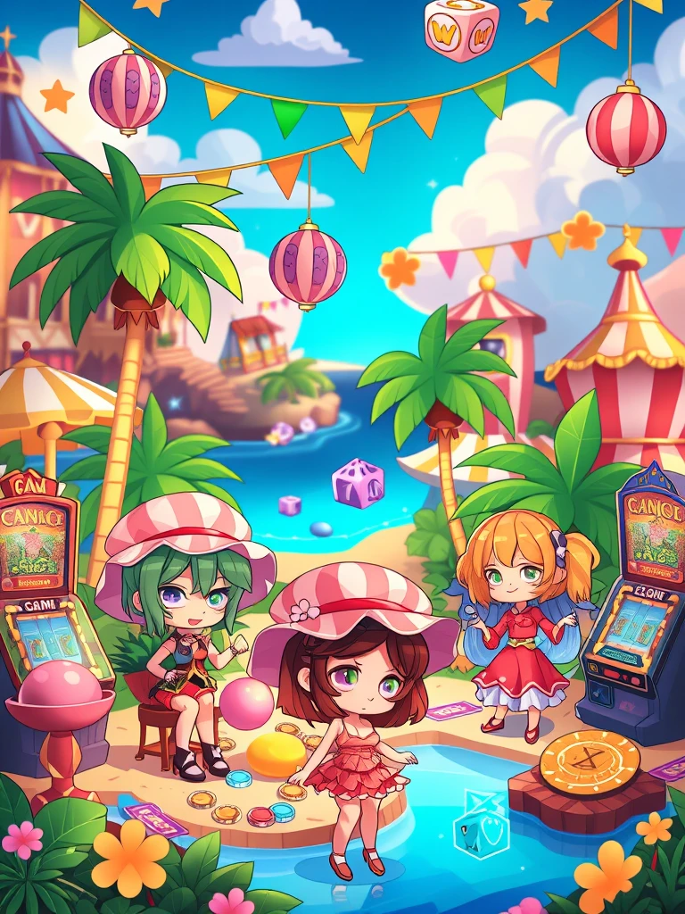 style_mix,  Chibi characters in a vibrant, fantasy island casino, surrounded by palm trees, slot machines, and magical glowing dice. The scene is filled with bright lights, tropical flowers, and playful, whimsical elements. The atmosphere is a blend of a magical wonderland and a lively gaming environment. , <lora:album_cover:1>