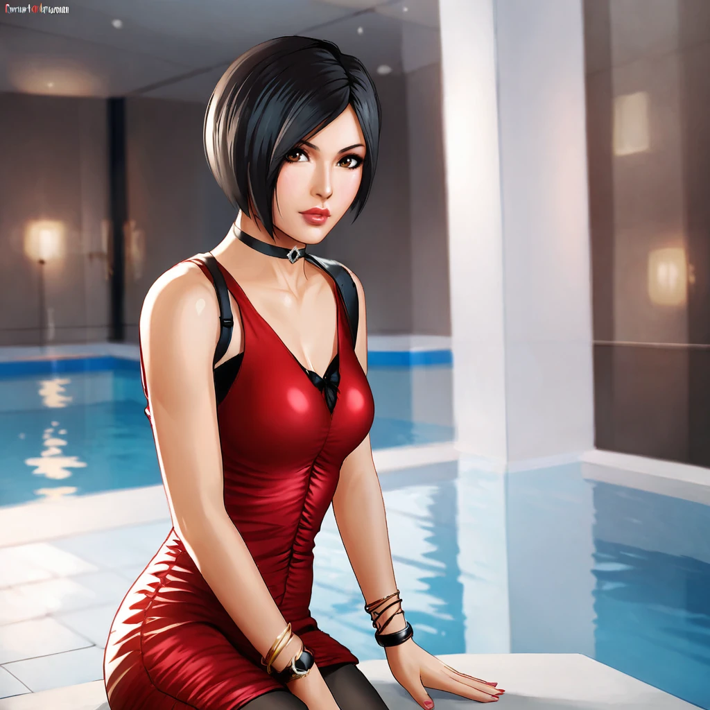 <lora:adawongresidentevil2remake_pony_v1:.8>AdaResidentEvil2Remake, 1girl, red dress, black pantyhose, brown eyes, short hair, black hair, black choker, jewelry, medium breasts, bracelet, sleeveless dress, bob cut, lips, short dress