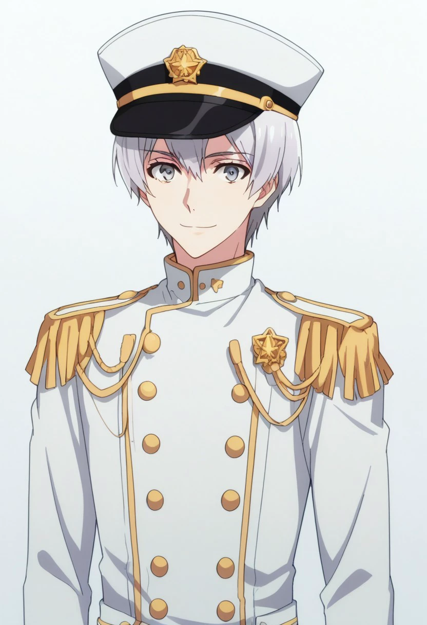 score_9, score_8_up, score_7_up, source_anime, highly detailed, 
sogosaka, 1boy, male focus, gloves, epaulettes, hat, uniform, military uniform, military, white gloves, solo, grey hair,
grey eyes, looking at viewer, smile, double-breasted, military hat, buttons, peaked cap, upper body,
indoor,