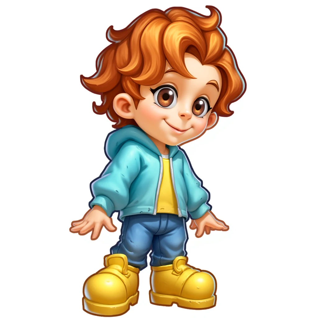 game_icon, 
 a young child with a playful and curious expression. The child has large, expressive brown eyes with long eyelashes, and a round, cheerful face. Their hair is voluminous and wavy, with a reddish-brown hue. They are wearing a light blue hoodie with a yellow undershirt peeking out, and blue jeans. The child's footwear is oversized and bright yellow, with large, rounded toes and a slightly glossy texture, adding a playful touch to their outfit,
white background