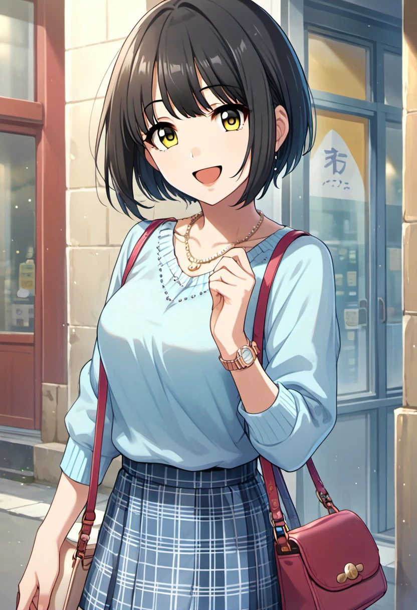 score_9, score_8_up, score_7_up, source_anime, takafuji kako, black hair, yellow eyes, short hair, 1girl, skirt, bag, smile, jewelry, solo, necklace, plaid, open mouth, watch, looking at viewer, handbag