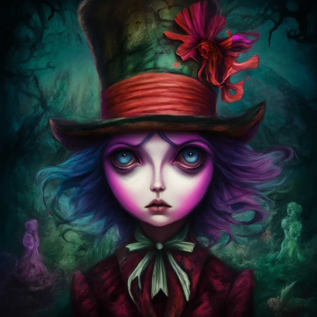 portrait young mad hatter girl, (crazy:1.4), alice in wonderland, deep detailed wonderland background, rim light, dark light, low light, cold colors, surreal art, portrait, creepy, horror, (vibrant colors:1.4), vivid colors, colored hair, wind hair, huge hat,surreal,lowbrow art style, <lora:LowBrowF1D:1>