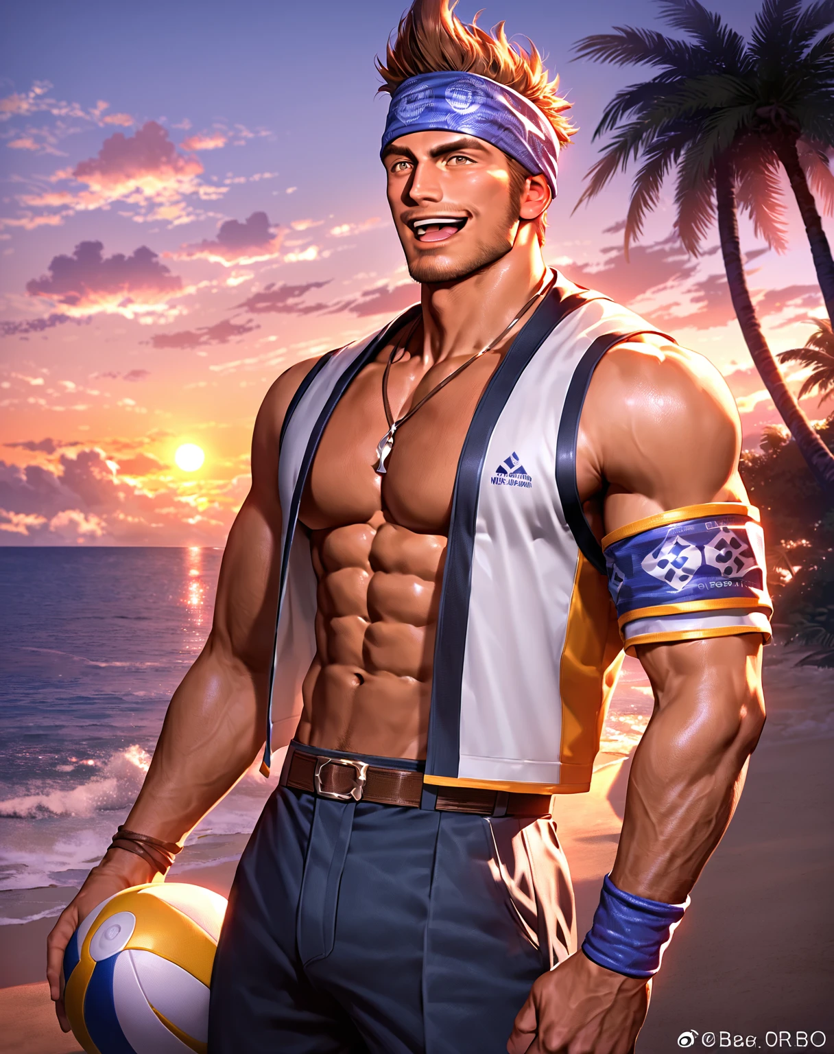 core_9, score_8_up, score_7_up, score_6_up, wakka, solo, smile, open mouth, brown hair, 1boy, brown eyes, jewelry, male focus, outdoors, sky, tongue, belt, pants, cloud, water, necklace, tree, muscular, headband, facial hair, ocean, beach, pectorals, wristband, armband, ball, sunset, palm tree, sun, volleyball,
best quality, best aesthetic, sfw, year 2023, realistic<lora:EMS-468940-EMS:0.800000>