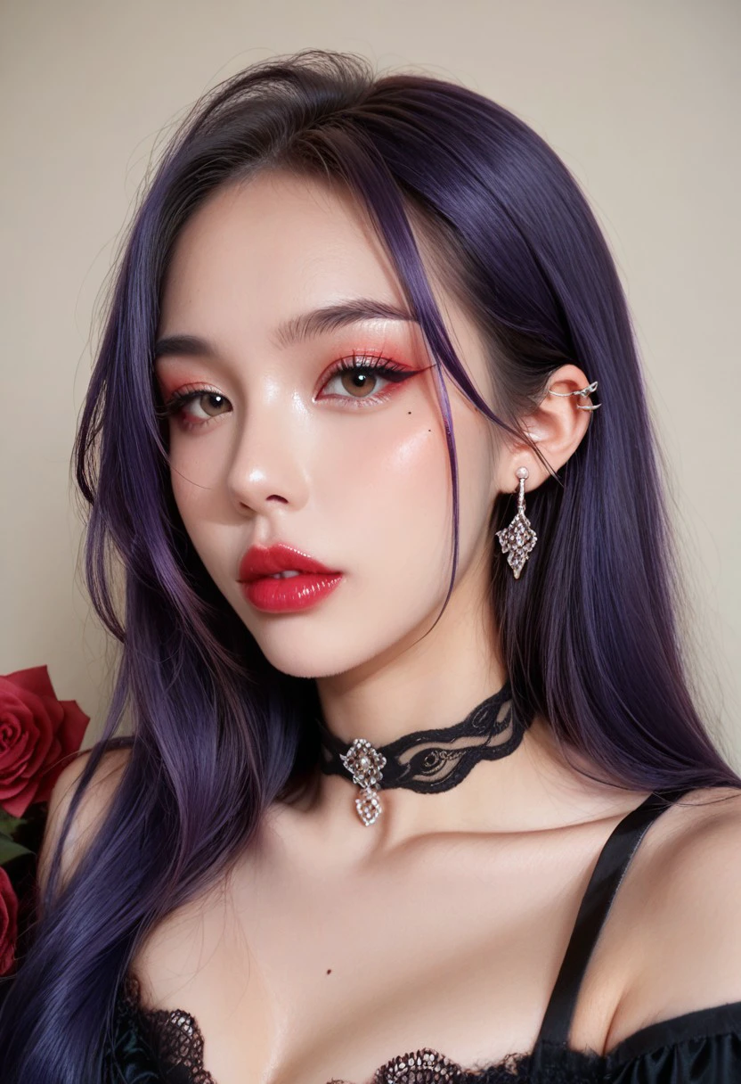 score_9, score_8_up, score_7_up,
ulzzang, ulzbig, 1girl, solo, long hair, looking at viewer, black hair, dress, bare shoulders, brown eyes, jewelry, blue hair, collarbone, upper body, purple hair, flower, earrings, parted lips, choker, artist name, mole, black eyes, black dress, lips, grey eyes, mole under eye, makeup, rose, black choker, traditional media, piercing, lipstick, red flower, ear piercing, portrait, realistic, red lips