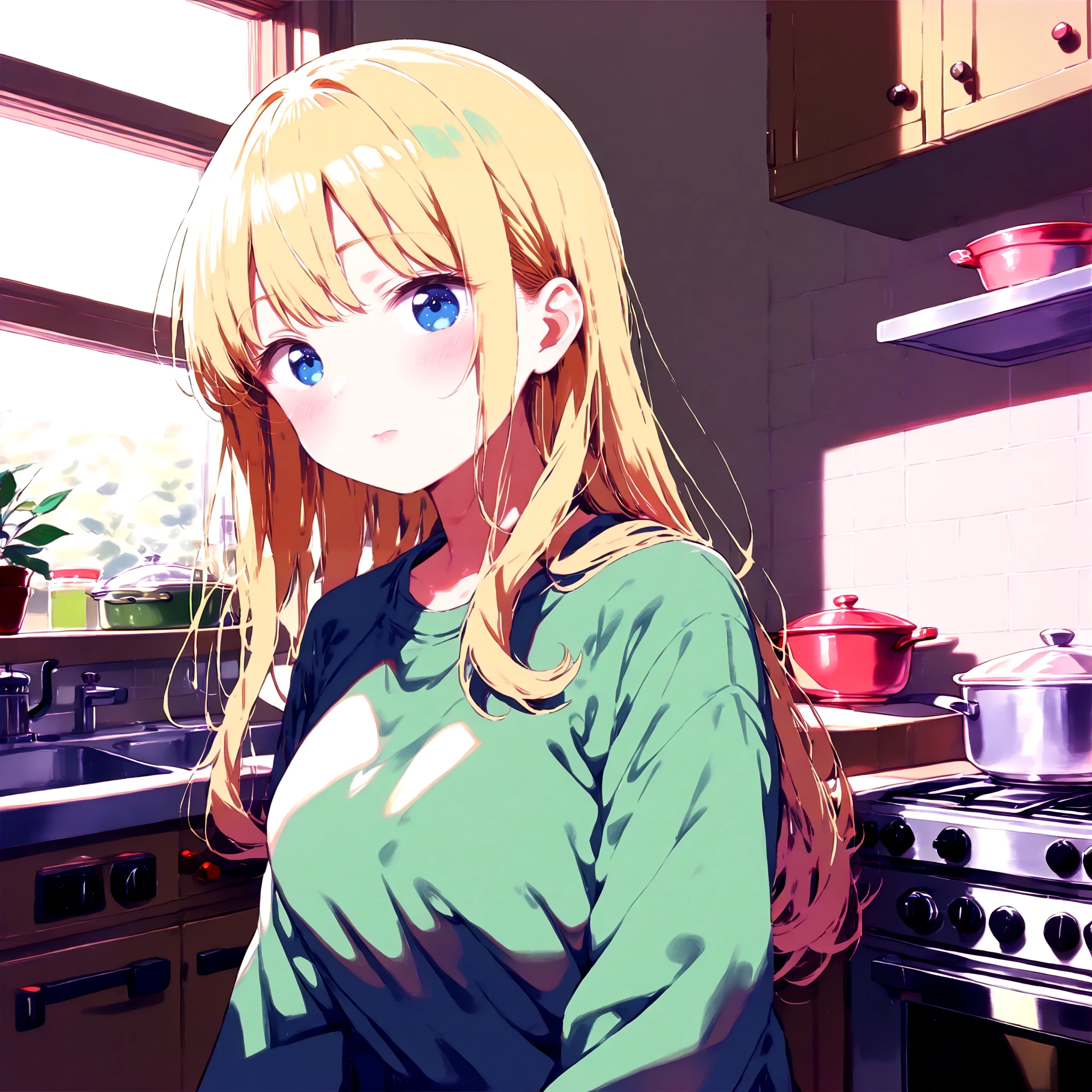 <lora:Gouache_SDXL:0.8>, woman, long sleeves, blond hair, blue eyes, green shirt, kitchen, indoors, pastel colors, Gouache, (thick_outlines:-0.9), upper body