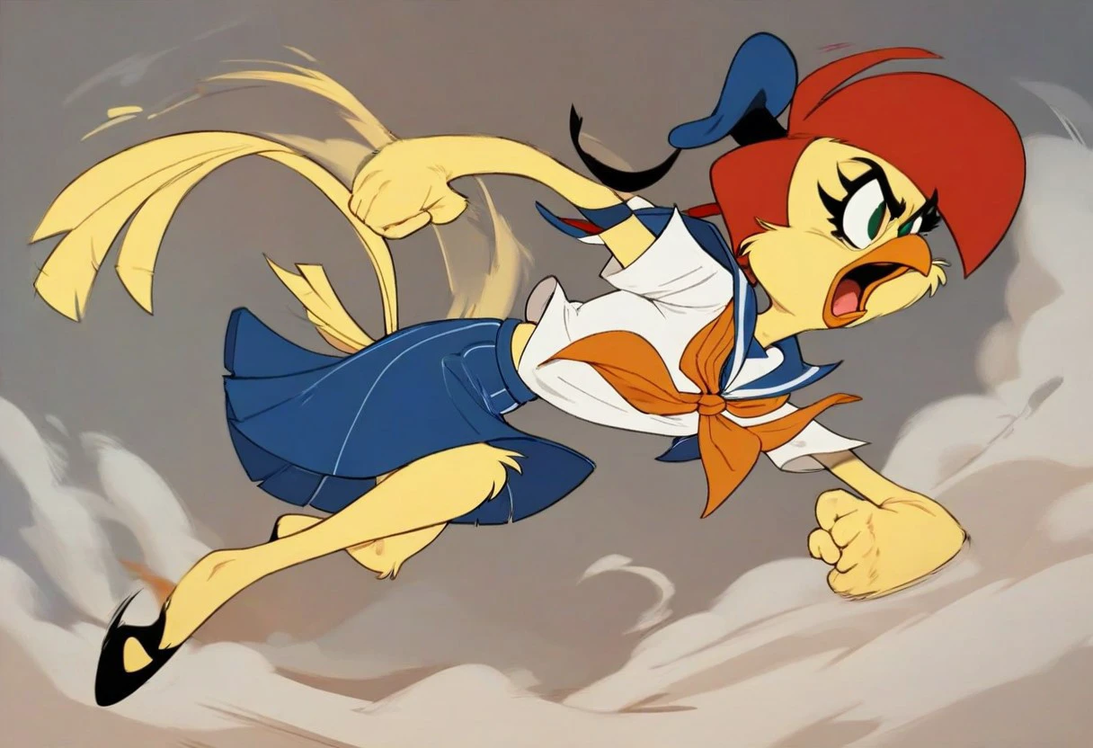 score_9, score_8_up, score_7_up, furry female, 1girl, solo, hat, blue skirt, sailor bird, bird girl, yellow body, red hair, sailor uniform, beak, tail, flat colors, cartoon, action pose, jumping, flying kick, angry, open mouth