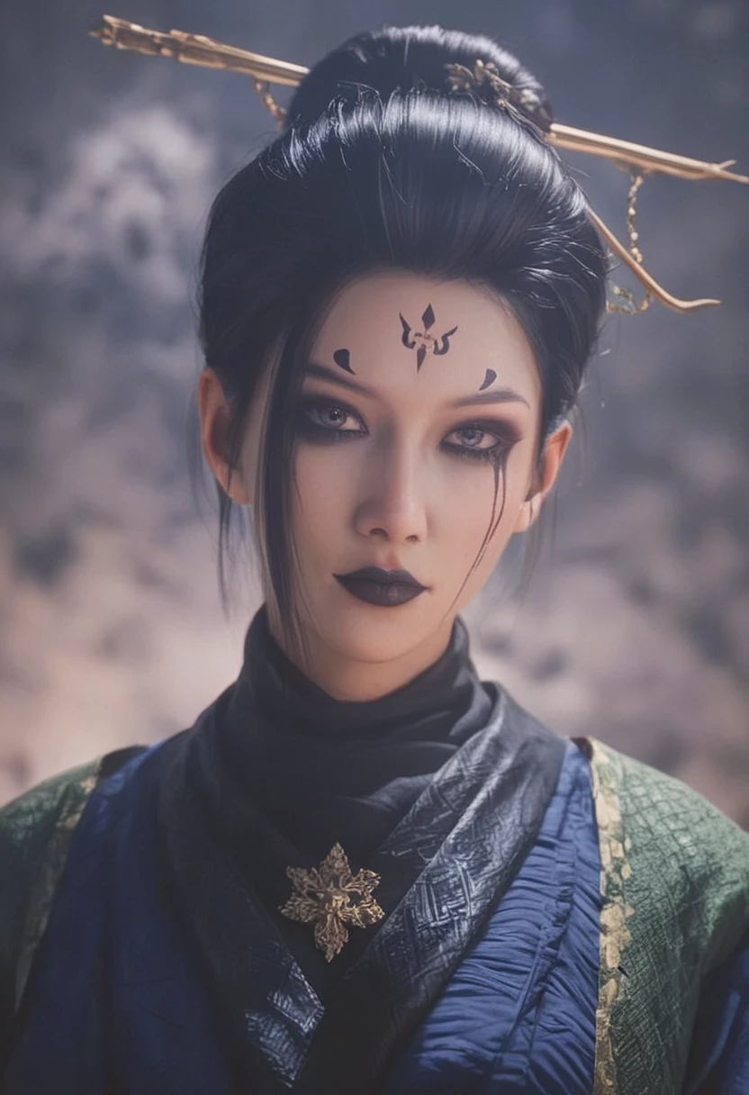 Si Mei, Black Myth, Black Myth Wukong, black hair, facial mark, single hair bun, hair bun, forehead mark, hair ornament, makeup, black lips, score_9, score_8_up, score_7_up, score_6_up,, looking at you, big breasts, upper body, night sky, outer space
