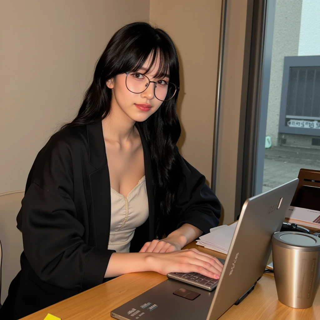 a beautiful young myoi working from home at her pc, she is sitting at her desk and writes on her pc, she wears comfy clothes and glasses, she has long beautiful black hair with bangs, she sits in a cozy room, she has a beautiful face with full lips and subtle makeup, besides her is a coffee cup