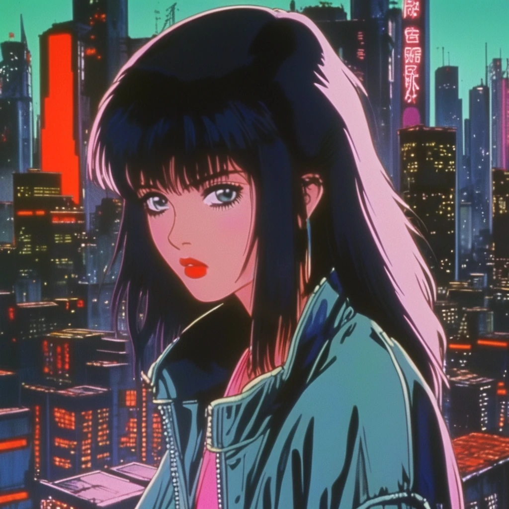 80's vintage anime still frame, gothic girl, the girl has a straight fringe in her hair, futuristic post-apocalyptic city in the background, Neo Tokyo.


