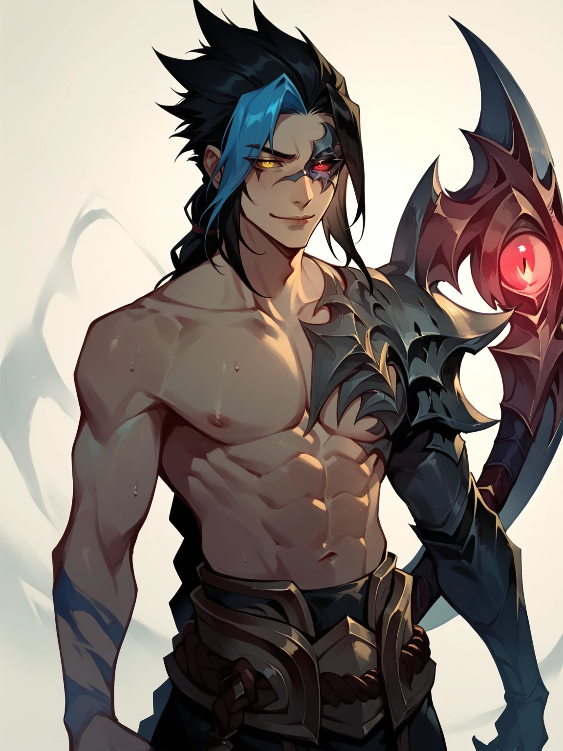 score_9, score_8_up, score_7_up, BREAK, KaynNormal, 1man, solo, long black hair, long braided ponytail, blue strand of hair, metalic mark on face with red eye, heterochromia, one pauldron, one red armored demonic hand, topless, abs, belt, pants, armored boots, demonic scythe <lora:KaynNormal:1>