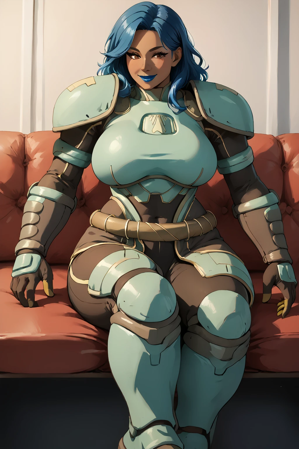 intricate, score_9, score_8_up, score_7_up, score_6_up, score_5_up, 1girl, big breasts, emari_c, heavy armor, mech-armor, pauldrons, black skin, blue hair, blue lipstick, brown eyes, crossed arms, smile,
BREAK
<lora:pony_good_hands:1>, good_hands, better_hands,
BREAK
livingroom, sofa, sitting, <lora:Emari:0.8>