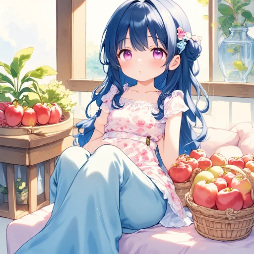 woman, pastel colors, Gouache, teddy bear and a basket, solo, long_hair, breasts, black_hair, hair_ornament, sitting, very_long_hair, closed_mouth, blue_hair, hair_ribbon, hair_bow, sidelocks, frills, hairclip, pink_eyes, hair_bun, window, fruit, feet_out_of_frame, cameltoe, bed_sheet, arm_support, on_bed, blue_bow, stuffed_toy, sunlight, single_hair_bun, stuffed_animal, plant, plate, apple, denim pants, basket, print_dress