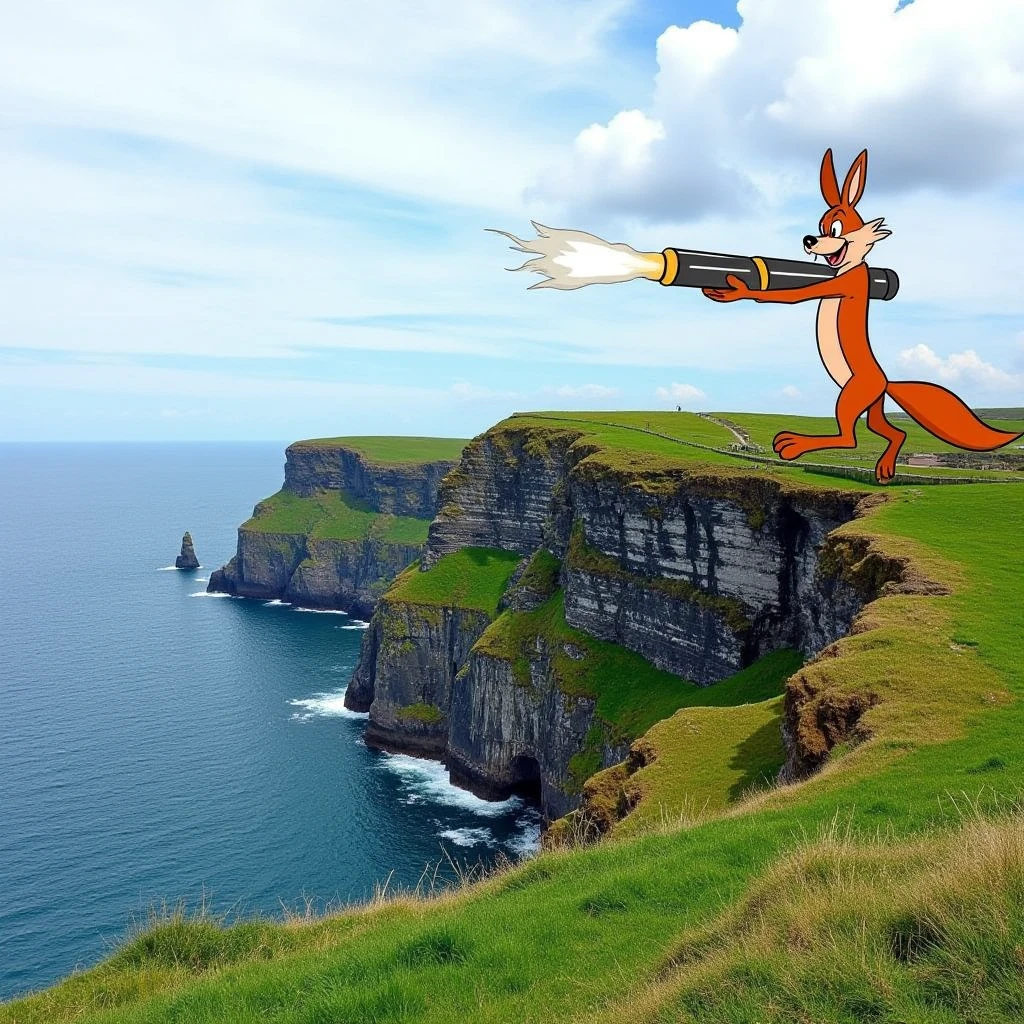 Juaner_mix,
Photo section: The scenic Cliffs of Moher in Ireland, with dramatic views of the Atlantic Ocean and green fields.
Cartoon section: A daring Wile E. Coyote attempting to set up a real ACME rocket launcher on the edge of the cliffs.