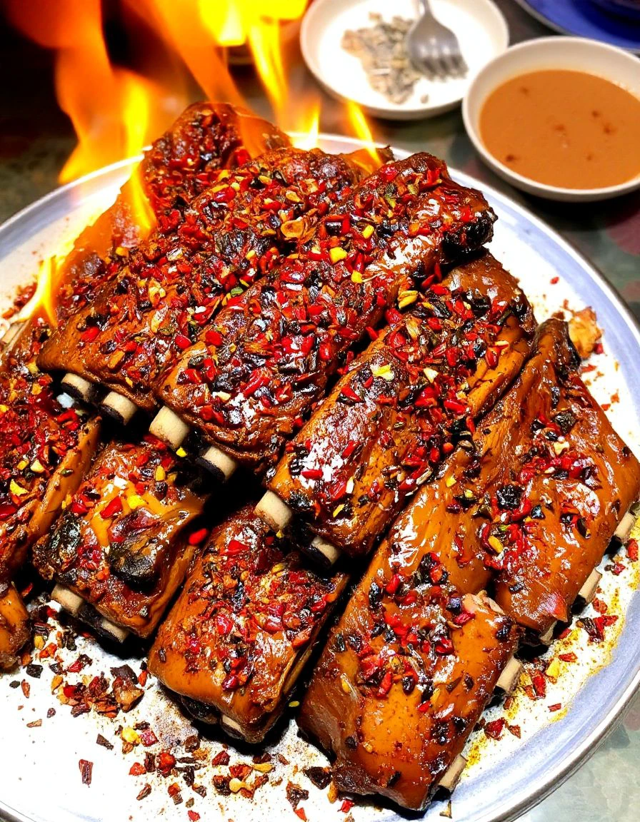 a dish of a roasted pork ribs with spice on fire, chinese cuisine, food advertisement photography <lora:chinese_cuisine-000009:0.9>