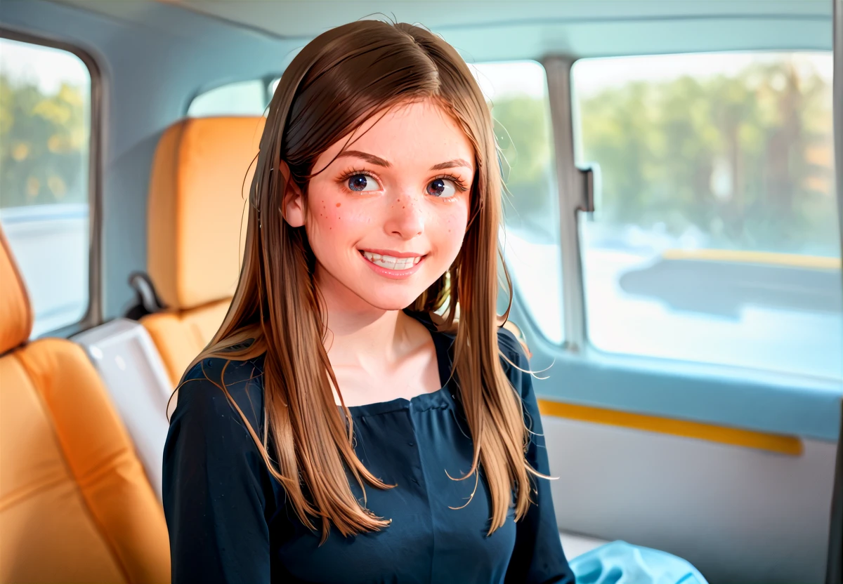 rV interior, recreational vehicle interior, lara brookes, 1girl, solo, brown hair, long hair, freckles, mischievous grin, upper body, slender, petite, realistic, black tunic, long sleeves, blurry background <lora:Porn_Star_Lara_Brookes:1>  science fiction,  <lora:Recreational_Vehicle_Interior_BG:1>