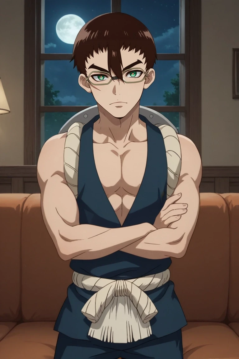 score_9, score_8_up, score_7_up, , rating_safe, intricate details, , , , 1boy, solo, male focus, <lora:kinrou_dr_stone_pony:0.9>, kinrou_dr_stone, brown hair, green eyes, glasses, cowboy shot, living room, couch, night, full moon, v arms, heart eyes, ,, <lora:sdxl_lightning_8step_lora:1>