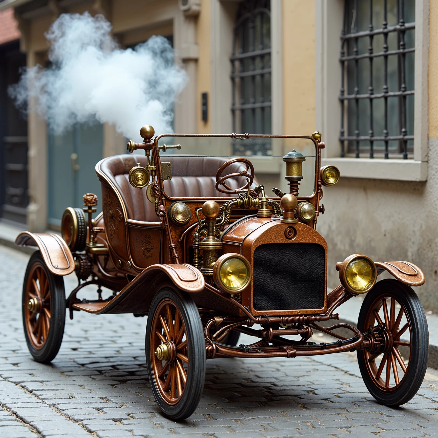 copperwire, brown copper wire steampunk car with mechanical devices and round headlights. Copper wire tires adorned with gears and pulleys, the car is laden with brass and copper wire, steam-powered smoke rises from the copper tail pipes at the rear. steampunk themed, cobblestone street in the 18th century, old Model-T Ford 