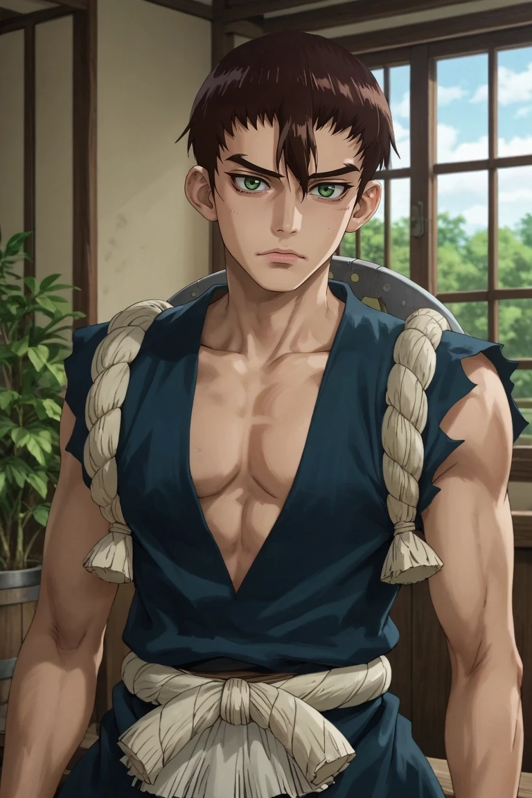 score_9, score_8_up, score_7_up, source_anime, rating_safe, , (realistic:0.6), , depth of field, 1boy, solo, male focus, <lora:kinrou_dr_stone_pony:1>, kinrou_dr_stone, brown hair, green eyes, , upper body, treetops city, indoors, spread legs, sad, scarecrow costume, <lora:sdxl_lightning_8step_lora:1>