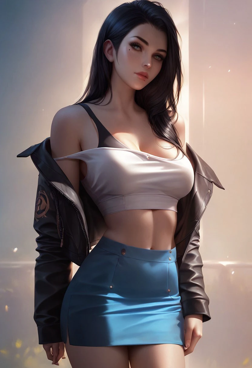(RAW shooting:1.2, Photoreal:1.2, 8k:1.2, highest quality:1.2, masterpiece:1.2, ultra high resolution:1.2),(perfect dynamic composition:1.2, Highly detailed skin and facial textures:1.2, beautiful and aesthetic:1.2), (Fair skin:1.2,full body:1.2), (large breast:1.4,chest gap:1.4),(perfect limbs:1.2), (perfect fingers:1.2),((sitting:2,chair:1.2,legs together:1.2),((1girl:1.2, asian,Mio Serizawa:1.2,glamour:1.2,makeup:1.2),earrings:1.2,necklace:1.2,long dark blue hair:1.2, white top:1.2 ,short sleeves:1.2,navel:1.2,red jacket:1.2,belt:1.2,latex shorts:1.2,perfect thigh:1.2,sandals:1.2),(simple background:1.2),