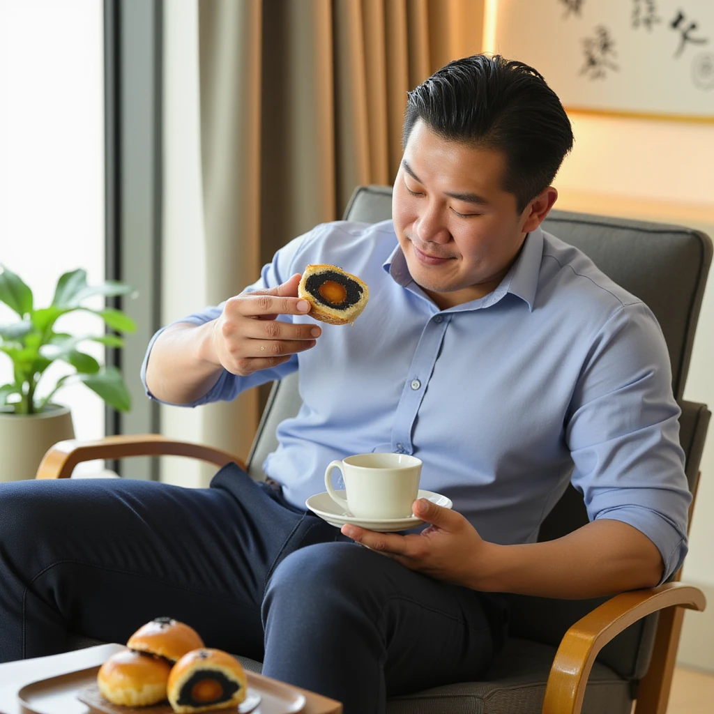 Full body shot of a man enjoying a Taiwanese egg yolk pastry (dan huang su) in a casual setting. The man, in his mid-30s with short black hair, is seated comfortably on a modern sofa or armchair. He's dressed in smart casual attire - perhaps a light blue button-down shirt and dark jeans.
He's leaning slightly forward, focused on the pastry in his hand. The dan huang su is partially eaten, revealing its golden-brown exterior and the dark filling with a hint of yellow egg yolk. His expression is one of enjoyment, eyes slightly closed as he takes a bite.
On a small coffee table in front of him, there's a plate with a few more pastries and a cup of tea, suggesting a relaxed afternoon snack. The room has a contemporary Asian feel, with minimalist decor and perhaps a potted plant or calligraphy art visible in the background.
Natural light streams in from a nearby window, highlighting the pastry and casting a warm glow on the scene. The overall image captures a moment of simple pleasure, showcasing both the appealing food and the relaxed atmosphere