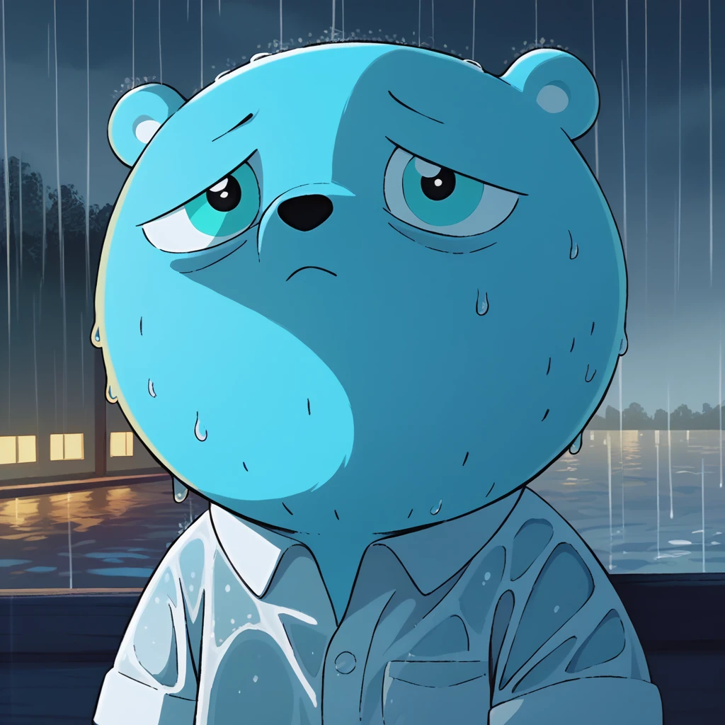 score_9,score_8_up, train full of water, <lora:celestin-v5-14:1> uwcelestinfag, blue bear, 1boy, solo, white shirt, black pants, night, rain, wet clothes, upper body, looking up, cloudy sky,