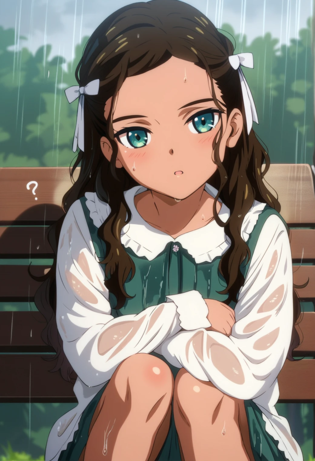 <lora:aonuma_neiru_ponyxl_lora_v1:1>, aonuma neiru, alternate hairstyle, long hair, wavy hair, hair ribbon, white ribbon, child, aged down,
white dress, dark green dress, long sleeves, frilled collar,
parted lips, sitting, on bench, wooden bench, knees up, hugging own legs, head tilt, wet clothes, confused, ?,
rain, grey sky,
score_9, score_8_up, score_7_up, score_6_up, anime, (hara \(harayutaka\):0.5), (m-da s-tarou, asou \(asabu202\):0.5), high quality, detailed, beautiful, shiny, outstanding, countershading, detailed soft lighting