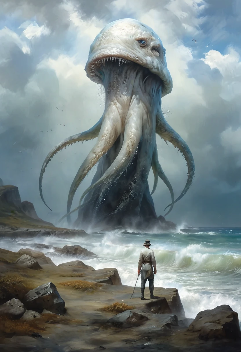 D_Hstyle, a digital painting in a surreal, fantastical style. this artwork depicts a dramatic, otherworldly scene set on a rocky beach. dominating the scene is a colossal, tentacled creature emerging from the ocean, its massive, translucent body resembling a giant squid. the creature's tentacles are long and sinuous, with a texture that suggests both smoothness and roughness, and they are colored in shades of pale blue and white.

in the foreground, a lone human figure stands facing the creature, appearing small and vulnerable in comparison. the man is dressed in a simple, old-fashioned outfit consisting of a white shirt, dark trousers, and a hat, suggesting a historical or fantasy setting. his posture is one of awe or fear, with his back slightly hunched and his head tilted upward, as if he is trying to comprehend the enormity of the creature.

the background features a turbulent ocean, with waves crashing against the rocky shore, and a distant, misty horizon. the sky is overcast with dark, swirling clouds, casting a somber, ominous tone over the entire scene. the textures in the painting are rich and detailed, with the rocky beach exhibiting rough, uneven surfaces, and the creature's skin appearing smooth yet textured.