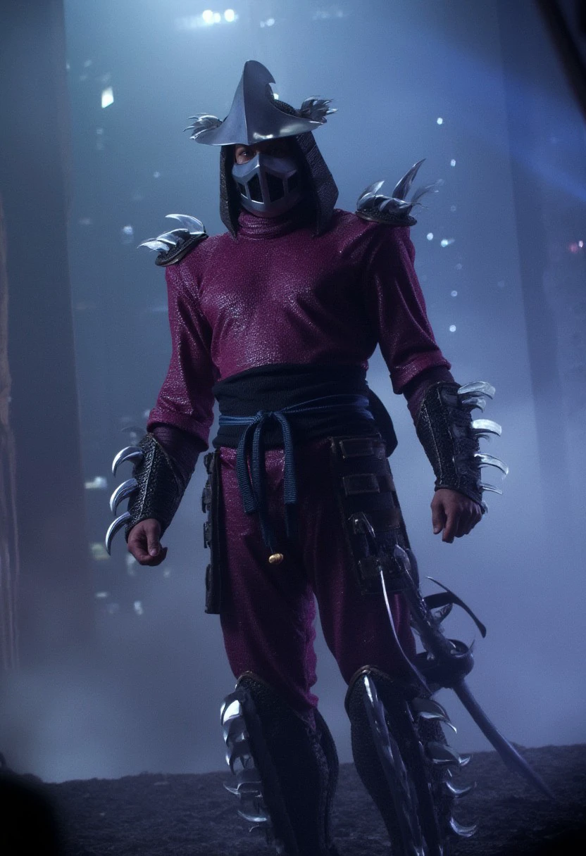 solo, a TMNTShredder armored samurai knight, wearing a red-purple outfit with claw spike pauldrons and metal samurai helmet with mask, standing defiantly in a foggy mist on a city rooftop at night. Dynamic lighting and shadows, city lights and skyscrapers fill the background and the image gives a deep eerie atmosphere of tension and the sense that a battle will soon take place. source_IRL, source_movie