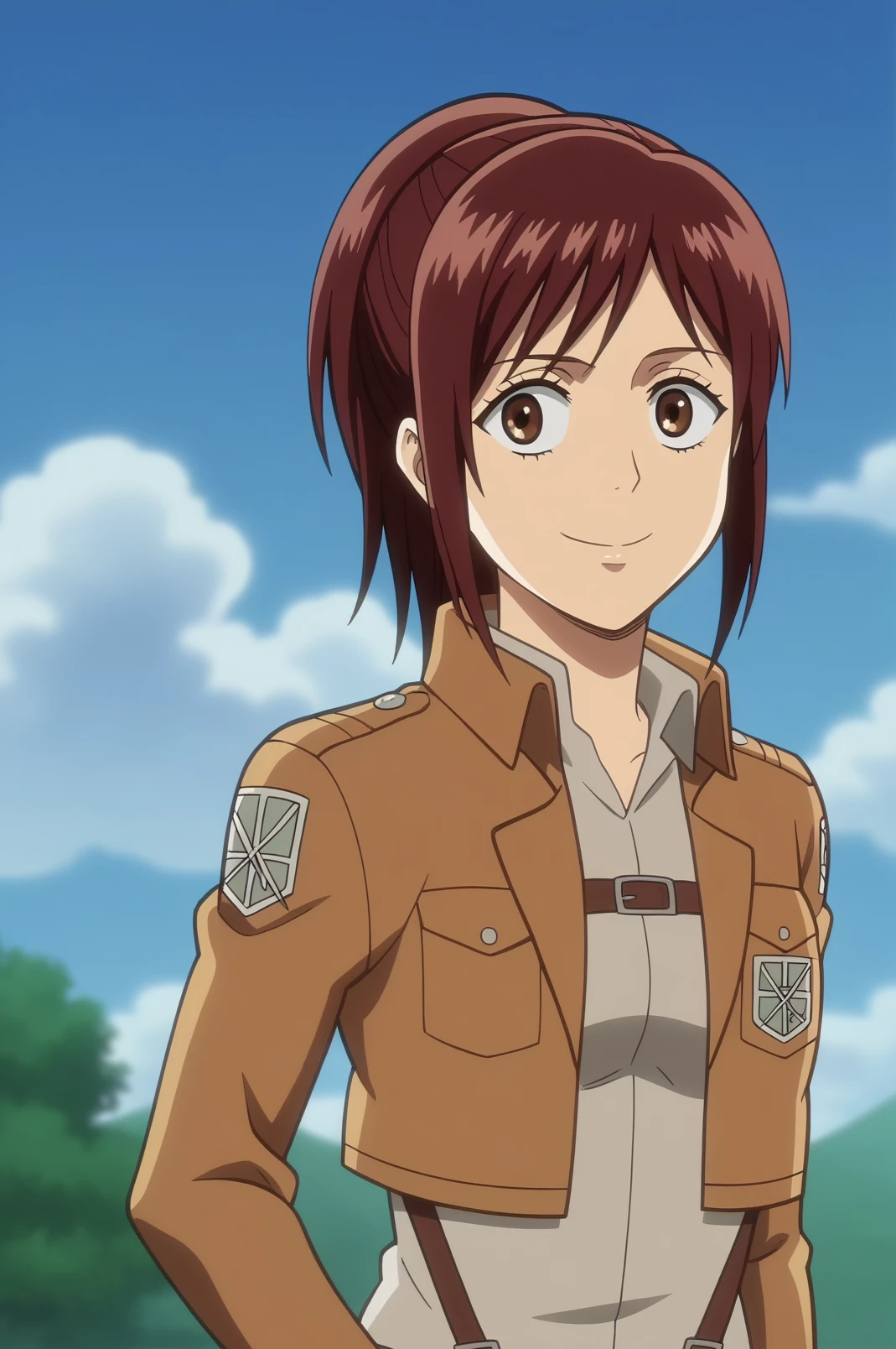 sasha braus,anime screencap,1girl,solo,cloud,sky,paradis military uniform,ponytail,jacket,emblem,survey corps,outdoors,smiling <lora:Sasha - PDXL2.safetensors:0.8>