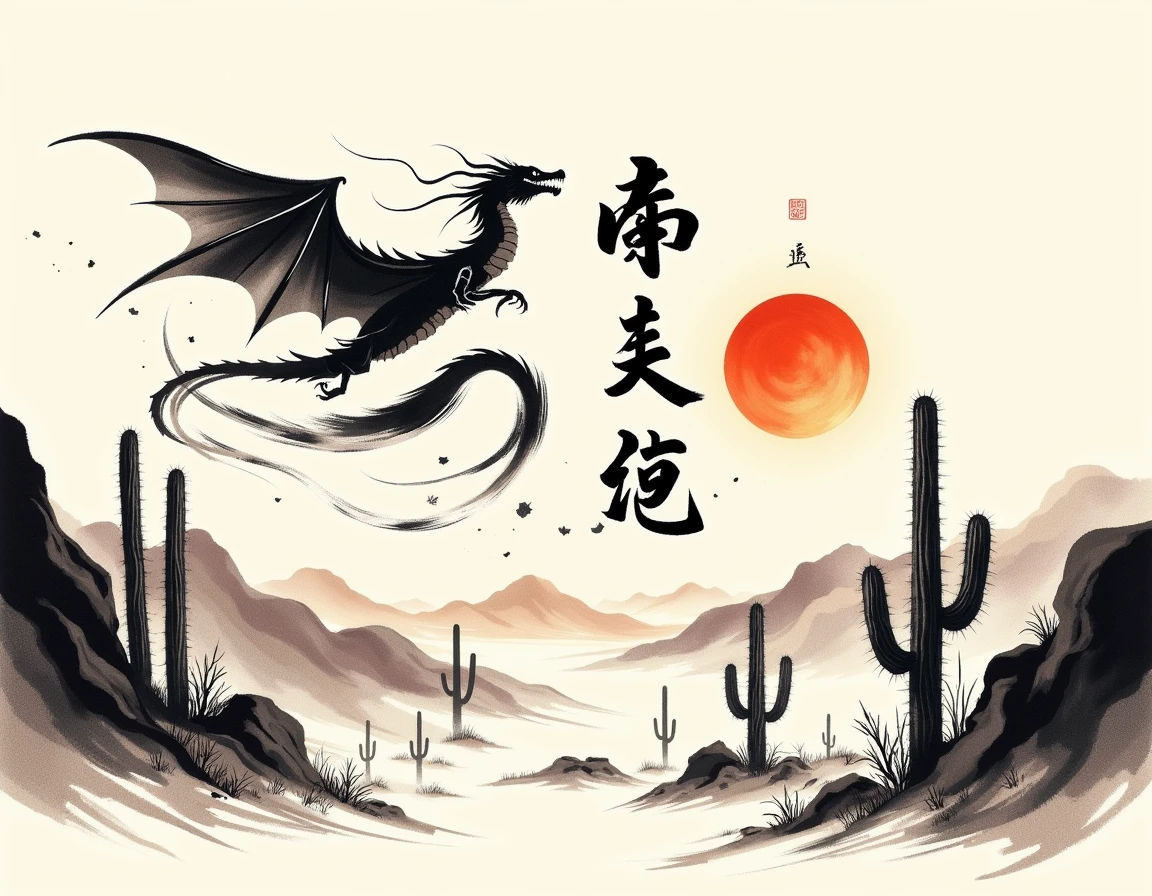 <lora:calligraphy_ink:1> monochrome Chinese text and smudged and faded ink brush style, desert with dunes and cacti a in a faded smudged brush strokes calligraphy ink style, with a rising sun and a serpentine dragon flying in the sky above the deser Chinese text in background