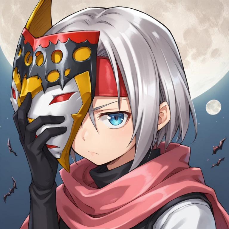 score_9, score_8_up, score_7_up, score_6_up, source_anime, BREAK, <lora:Zilva:0.70> , zildef, 1girl, short hair, grey hair, red headband, (mask over one eye), mask, holding mask, scarf, pink scarf, white sweater vest, white shirt, bodysuit under clothes, looking at viewer,  serious expression, closed mouth, clutter, (portrait), face,  <lora:zy_Detailed_Backgrounds_v1:0.6> , detailed background, highly detailed, moon, night,