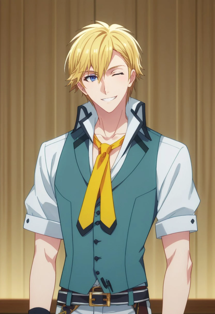 score_9, score_8_up, score_7_up, source_anime, highly detailed,    
nagirokuya, 1boy, solo, male focus, blonde hair, necktie, blue eyes, yellow necktie, belt,  vest, idol, idol uniform, ubber body, smile, wink
indoor, stage